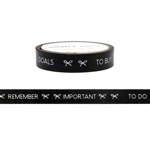 Black perforated tasks washi tape with white print